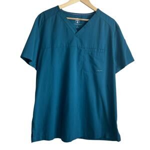 Healing Hands Men Medical Professional Scrub Top L Teal V-Neck Stretch‎ Pocket
